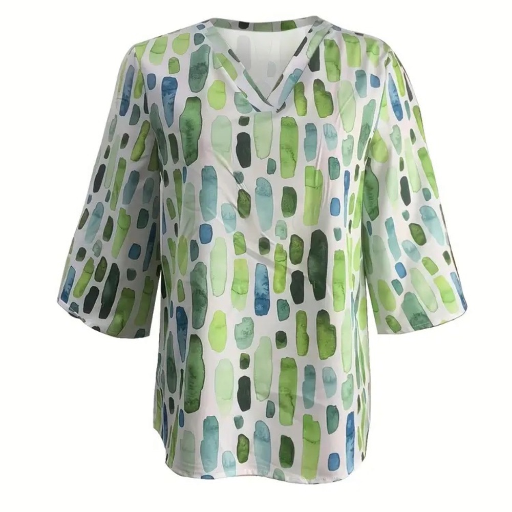 Blouse V-Neck 3/4 Sleeve Geometric Print Blue, Green, White - XL - Picture 3 of 5